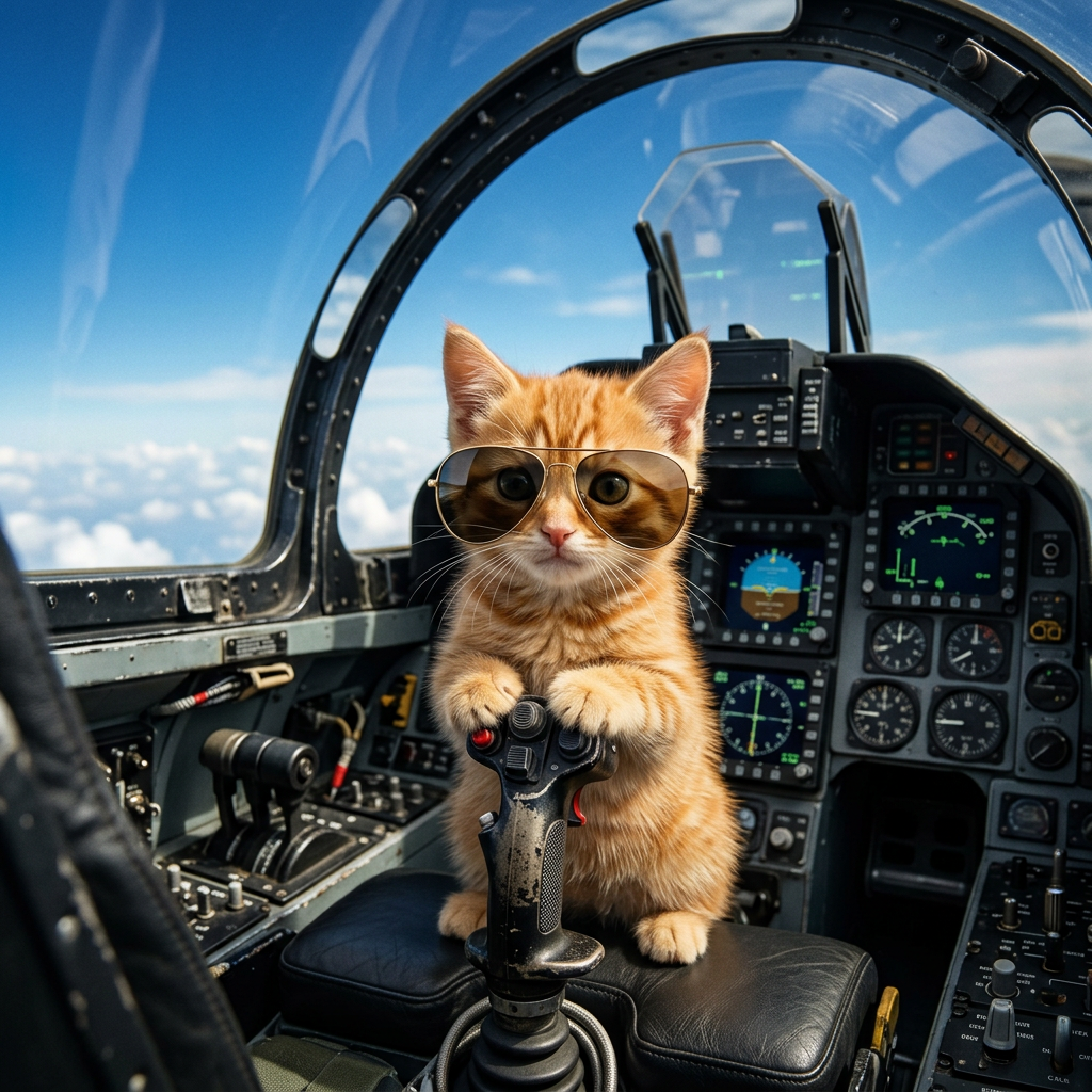 Orange kitten wearing aviator sunglasses in a jet cockpit