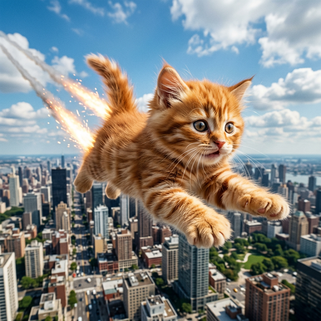 El Gato flying above the city with rocket-powered paws